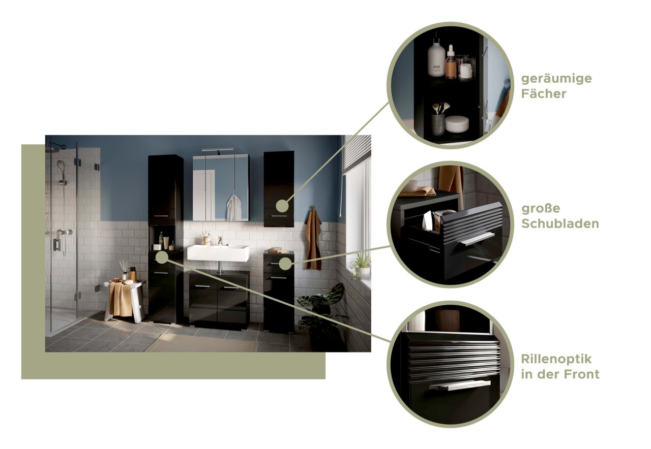 Moderne Badezimmermöbelkombination in dunklem Design mit geräumigen Fächern und großen Schubladen, Rillenoptik in der Front, frontal abgebildet.
