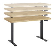 Höhenverstellbarer E-Schreibtisch mit Holzplatte und schwarzem Gestell, seitliche Perspektive