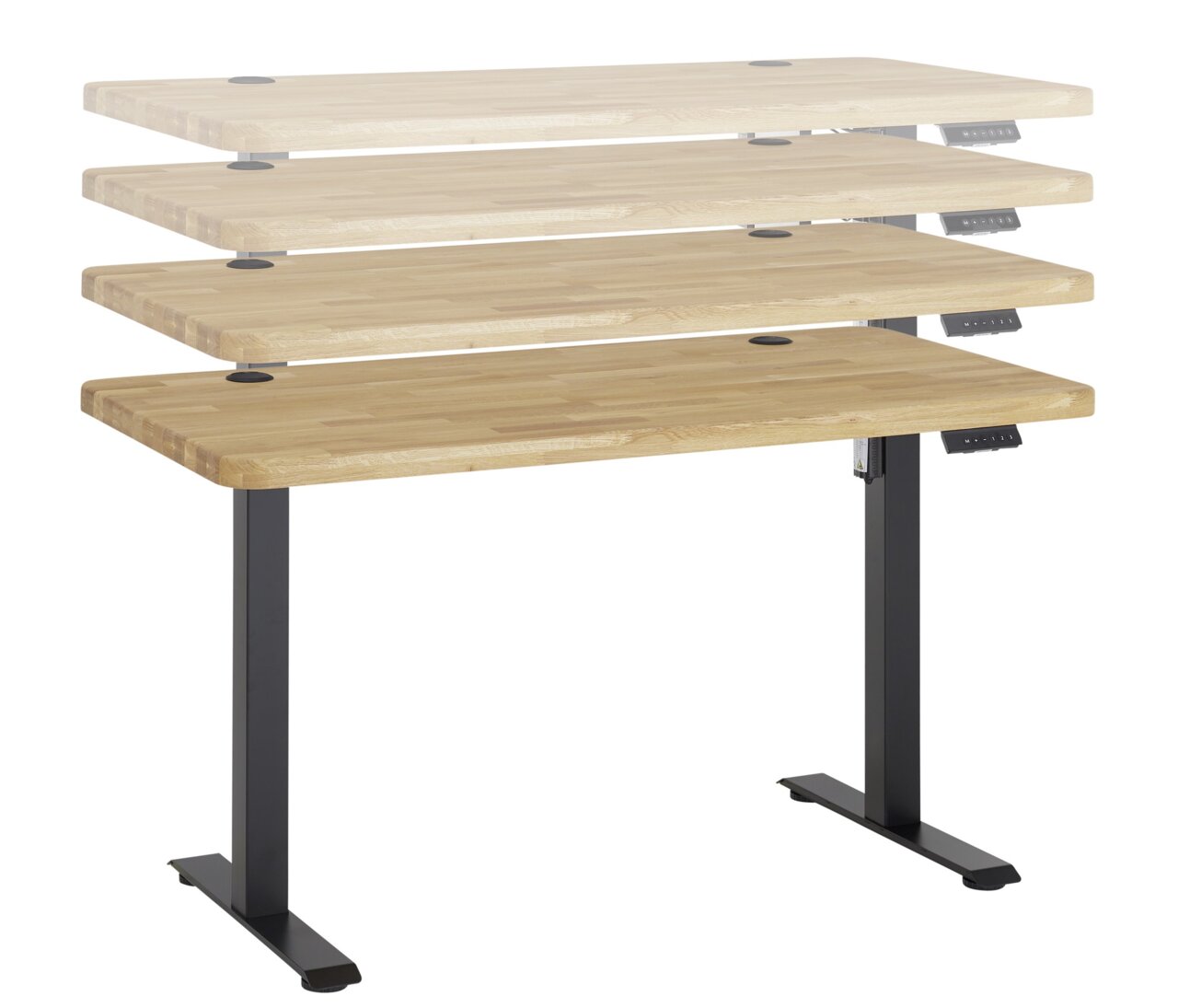 Höhenverstellbarer E-Schreibtisch mit Holzplatte und schwarzem Gestell, seitliche Perspektive