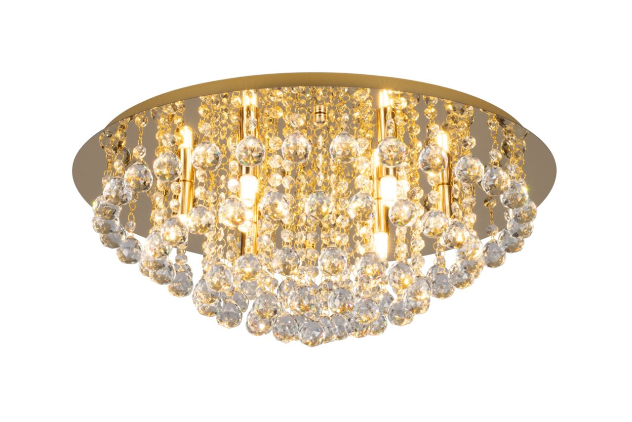 Luxuriöse Deckenleuchte mit funkelnden Kristallanhängern, seitliche Perspektive