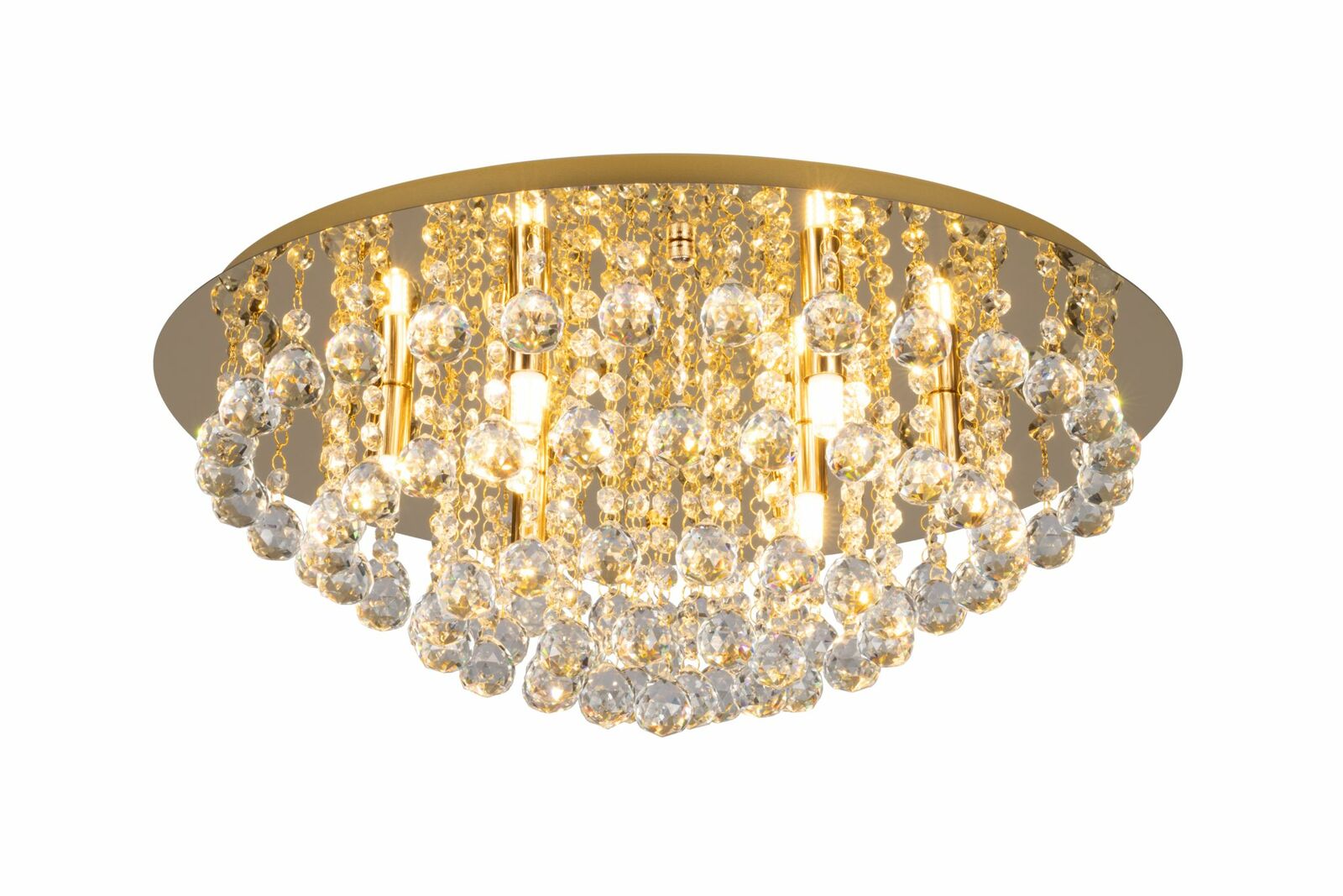 Luxuriöse Deckenleuchte mit funkelnden Kristallanhängern, seitliche Perspektive