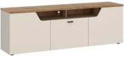 TV-lowboard in houtlook met crèmekleurige deuren, vooraanzicht