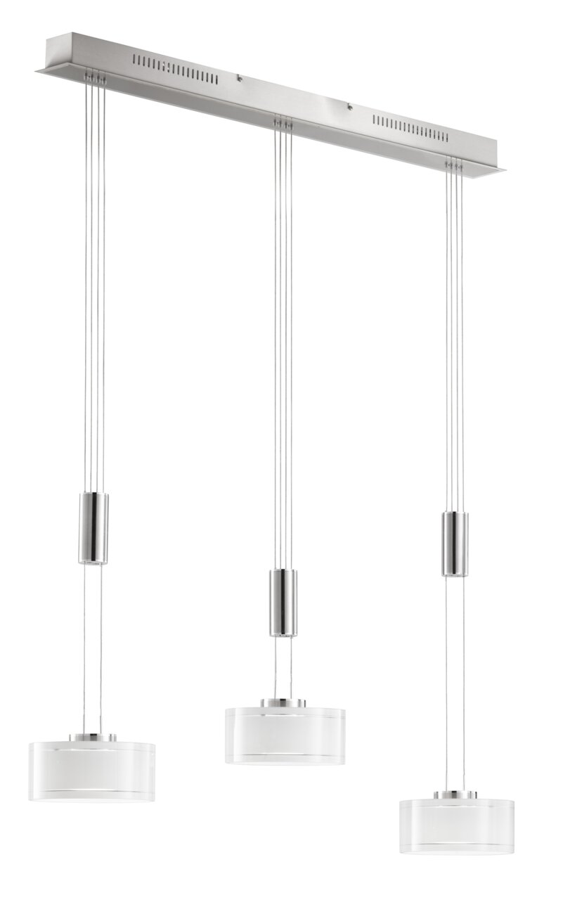 Moderne LED-Pendelleuchte mit drei zylindrischen Lampenschirmen, hängend an dünnen Kabeln von einer rechteckigen Deckenhalterung, seitliche Perspektive.