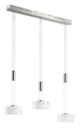 Moderne LED-Pendelleuchte mit drei zylindrischen Lampenschirmen, hängend an dünnen Kabeln von einer rechteckigen Deckenhalterung, seitliche Perspektive.