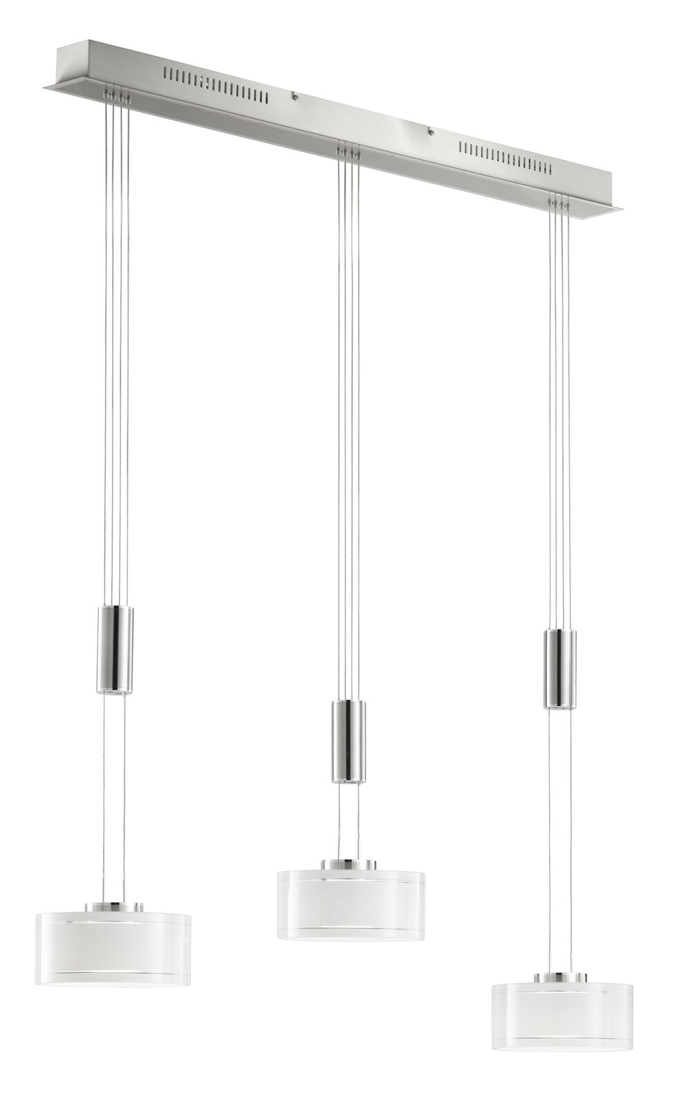 Moderne LED-Pendelleuchte mit drei zylindrischen Lampenschirmen, hängend an dünnen Kabeln von einer rechteckigen Deckenhalterung, seitliche Perspektive.