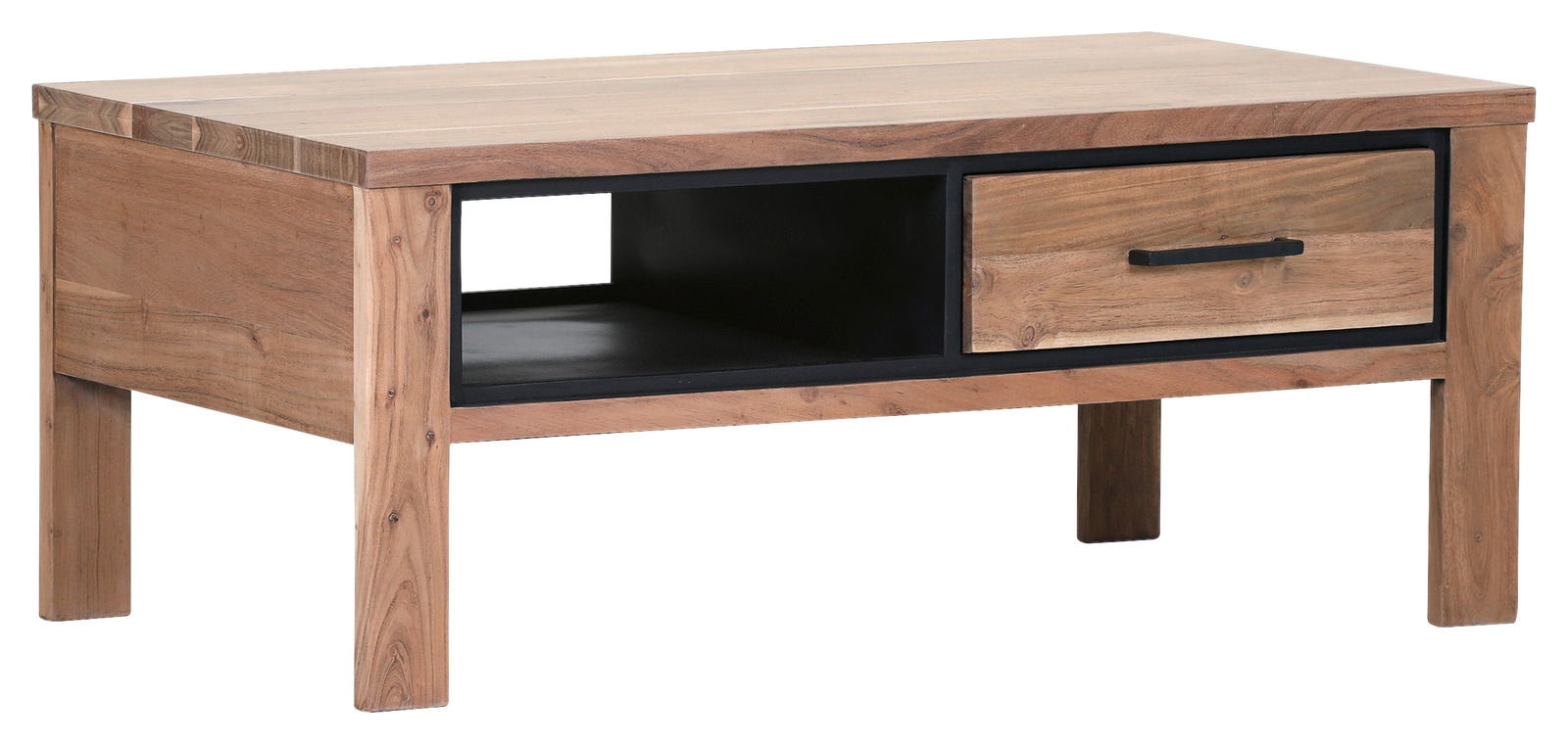 Moderner Couchtisch aus Holz mit Schublade und offenem Fach, seitliche Perspektive