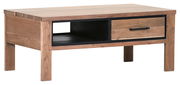 Moderner Couchtisch aus Holz mit Schublade und offenem Fach, seitliche Perspektive