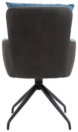 Rückansicht eines Sessels mit schwarzem Metallgestell und blauer Polsterung.