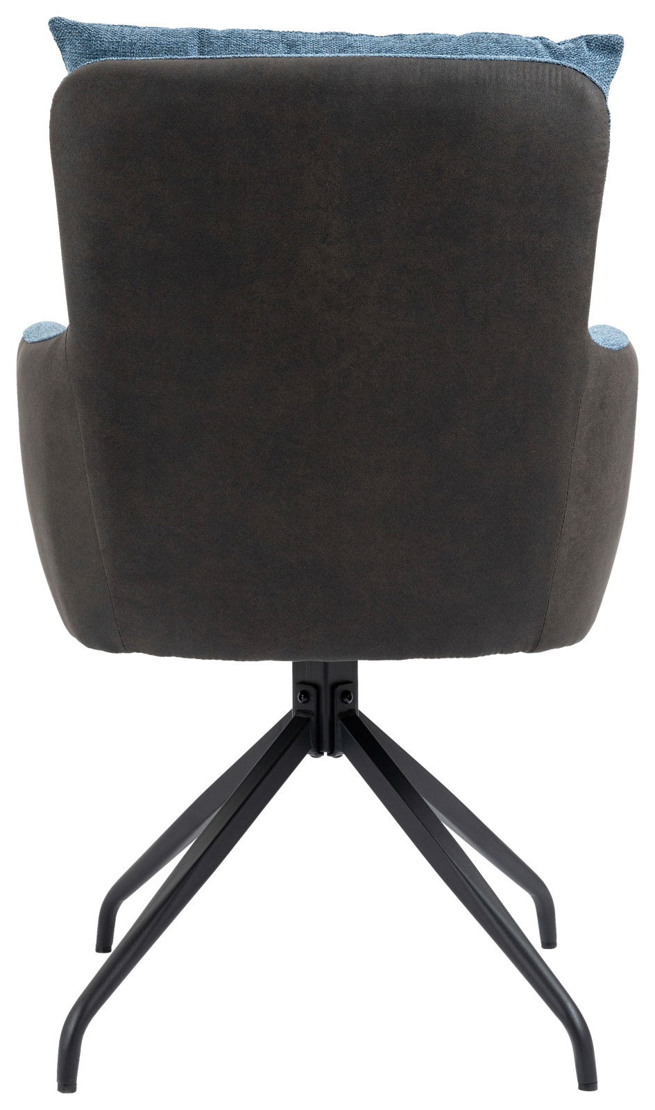 Rückansicht eines Sessels mit schwarzem Metallgestell und blauer Polsterung.