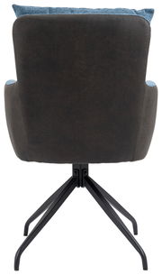 Rückansicht eines Sessels mit schwarzem Metallgestell und blauer Polsterung.