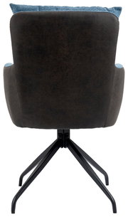 Rückansicht eines Sessels mit schwarzem Metallgestell und blauer Polsterung.