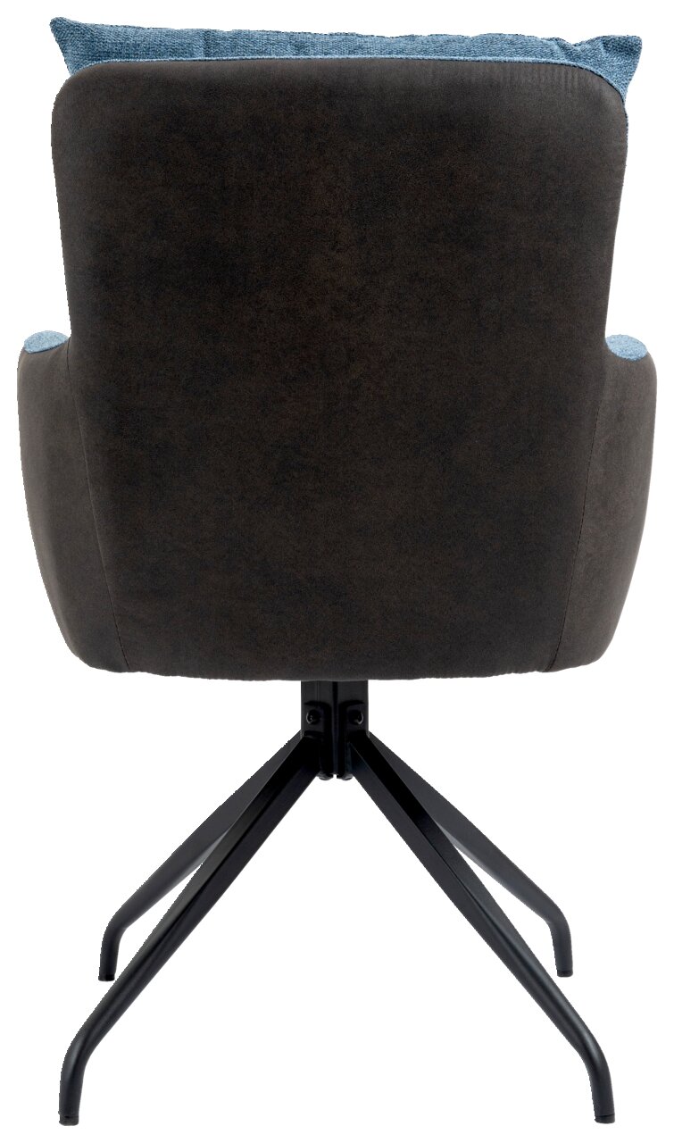 Rückansicht eines Sessels mit schwarzem Metallgestell und blauer Polsterung.