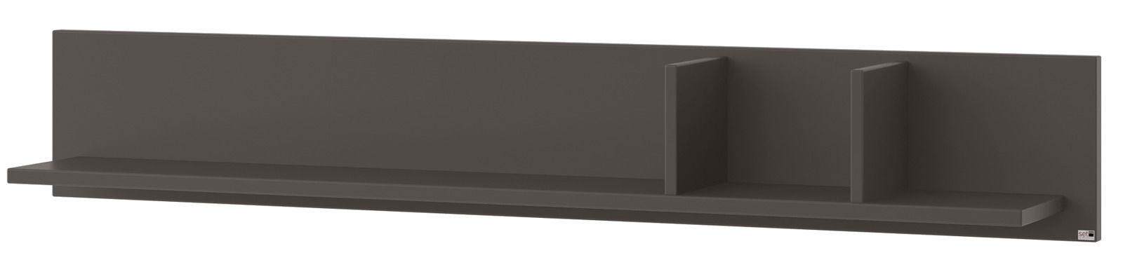 Wandboard in dunklem Grau mit zwei vertikalen Trennwänden, seitliche Perspektive