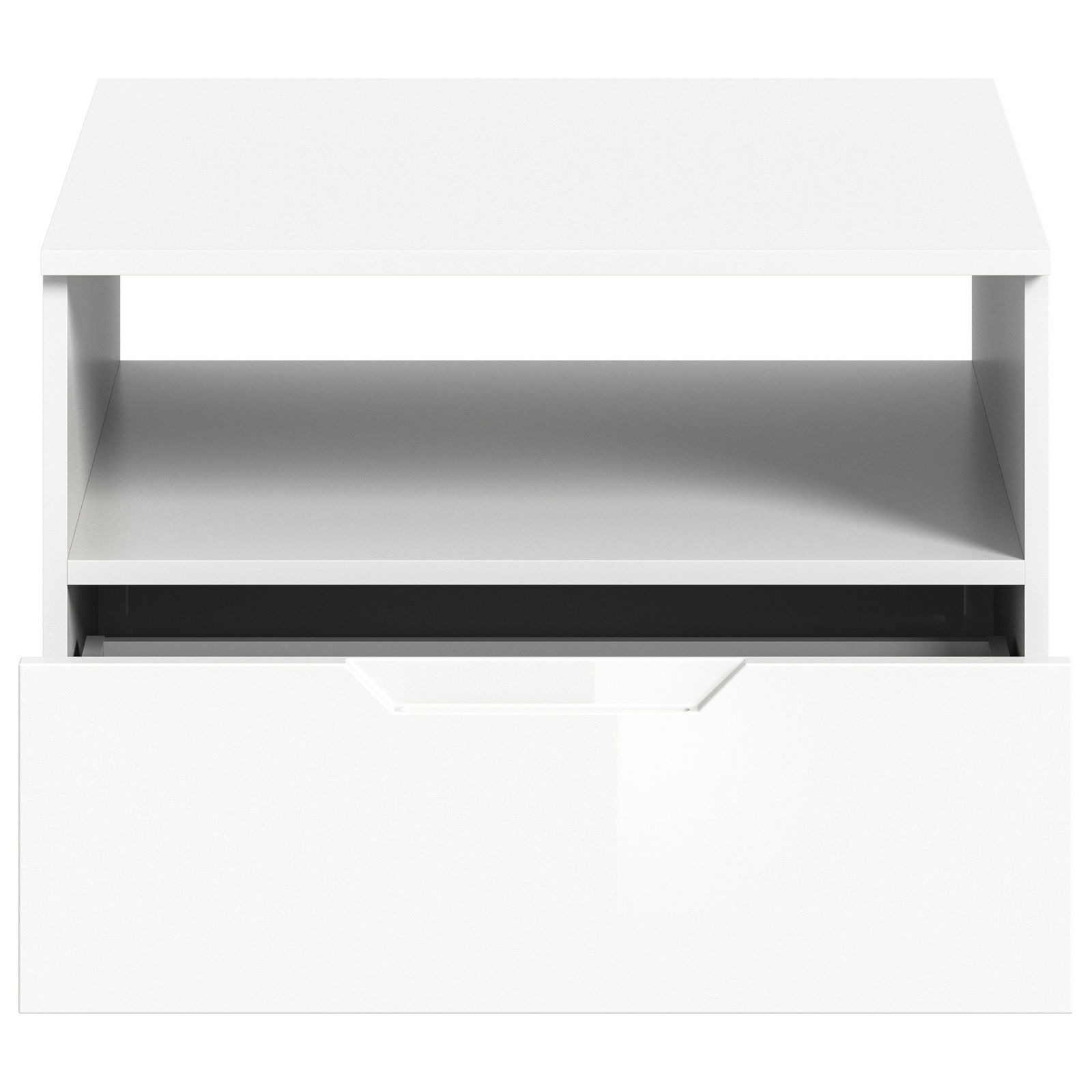 Moderner weißer Couchtisch mit Schublade und Ablage, Frontalansicht