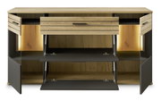 Frontansicht eines modernen Sideboards mit offenen Türen und Schubladen, Holzoptik mit schwarzen Akzenten und integrierter Beleuchtung.