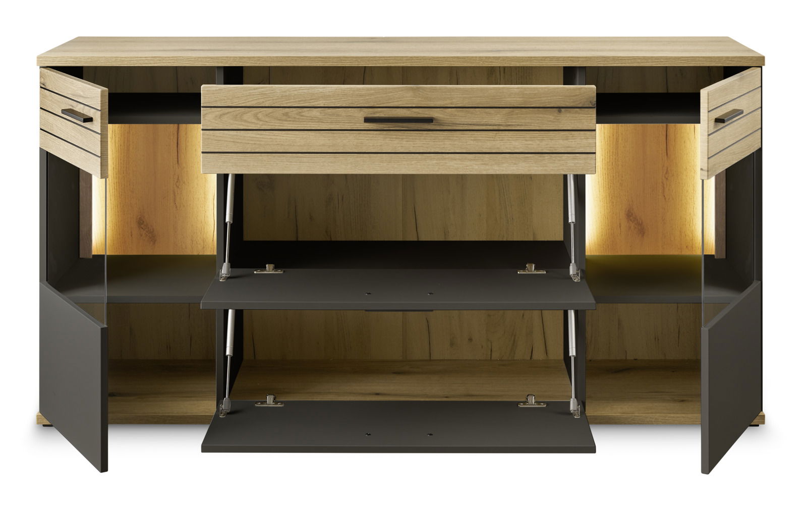 Frontansicht eines modernen Sideboards mit offenen Türen und Schubladen, Holzoptik mit schwarzen Akzenten und integrierter Beleuchtung.