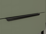 Nahaufnahme eines modernen, grünen Waschbeckenunterschranks mit schwarzem Griff, seitliche Perspektive.