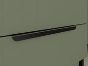 Nahaufnahme eines modernen, grünen Waschbeckenunterschranks mit schwarzem Griff, seitliche Perspektive.