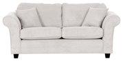 Zweisitzer-Sofa in hellgrauem Stoff mit geripptem Design, frontal fotografiert