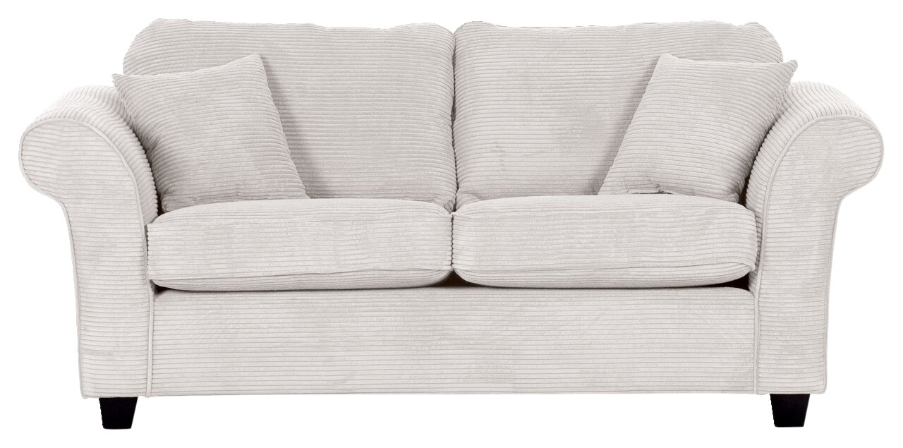 Zweisitzer-Sofa in hellgrauem Stoff mit geripptem Design, frontal fotografiert