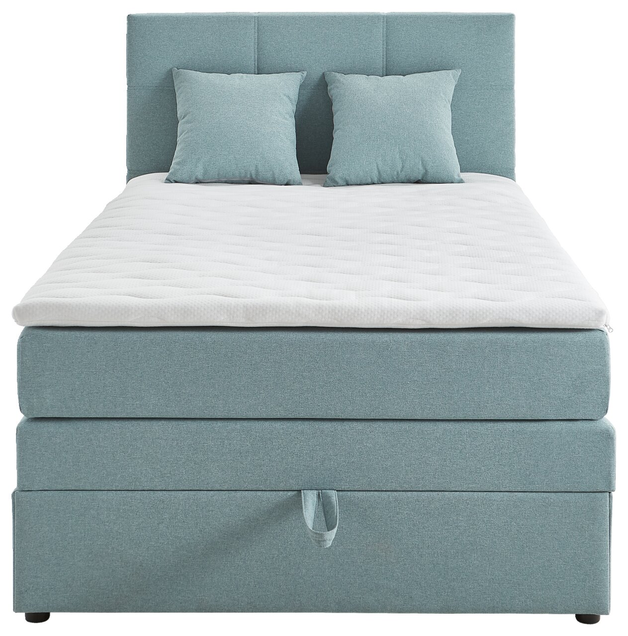 Boxspringbett in hellblauem Stoff mit zwei passenden Kissen, frontal fotografiert