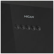 Nahaufnahme der Vorderseite einer Dunstabzugshaube mit fünf runden Bedientasten und dem Markennamen MICAN.