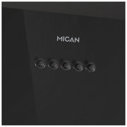Nahaufnahme der Vorderseite einer Dunstabzugshaube mit fünf runden Bedientasten und dem Markennamen MICAN.