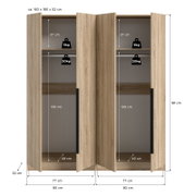 Offener zweitüriger Kleiderschrank in heller Holzoptik mit Kleiderstange und Ablagefächern, Maßangaben und Belastbarkeit (5 kg/20 kg) eingezeichnet, Frontansicht.