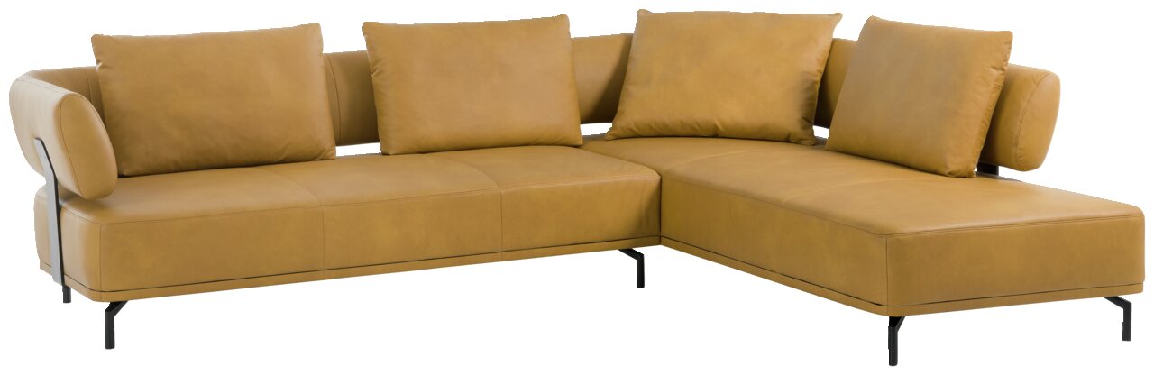 Dieter Knoll Hoekbank PALIO Ecksofa in hellbraunem Leder mit schwarzen Metallfüßen, Perspektive von vorne rechts