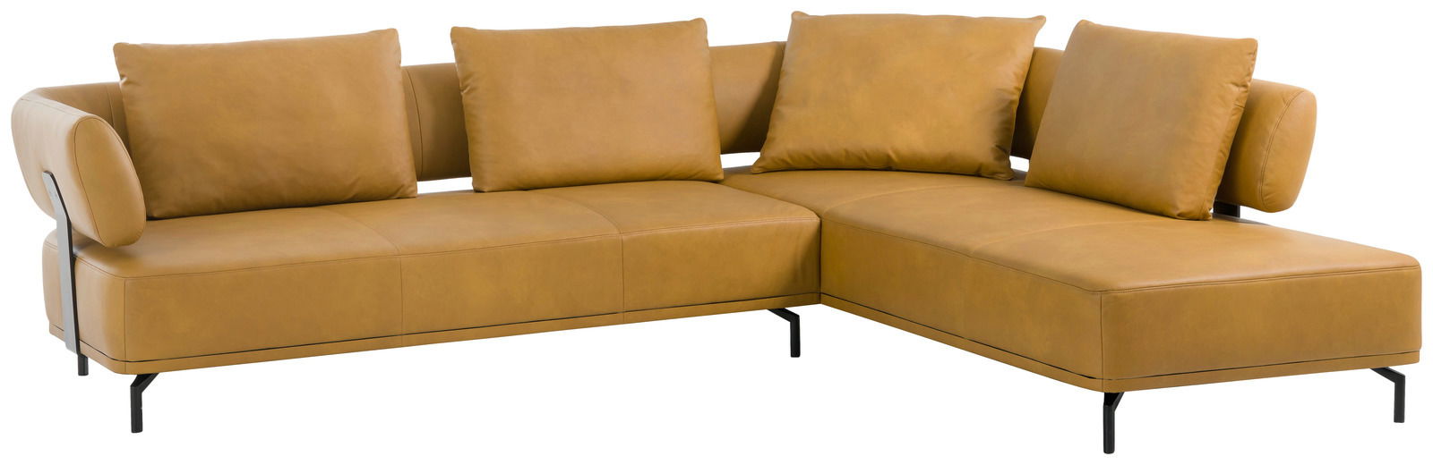 Ecksofa in hellbraunem Leder mit schwarzen Metallfüßen, Perspektive von vorne rechts