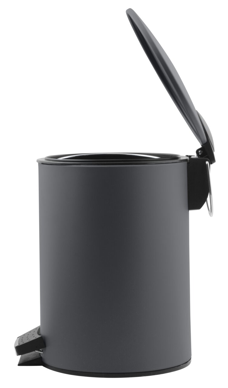 Grauer Treteimer mit einem Fassungsvermögen von 3 Litern, geöffnet, seitliche Perspektive