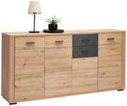 Modernes Sideboard aus Holz mit schwarzen Akzenten, dekoriert mit einer Lampe und einer Pflanze, seitliche Perspektive