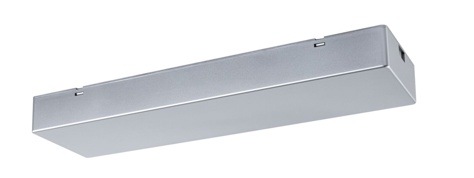 PAULMANN Power Box LINION Silberne, rechteckige LED-Deckenleuchte mit opaler Abdeckung, schräg von unten in Perspektive (Untersicht) vor weißem Hintergrund