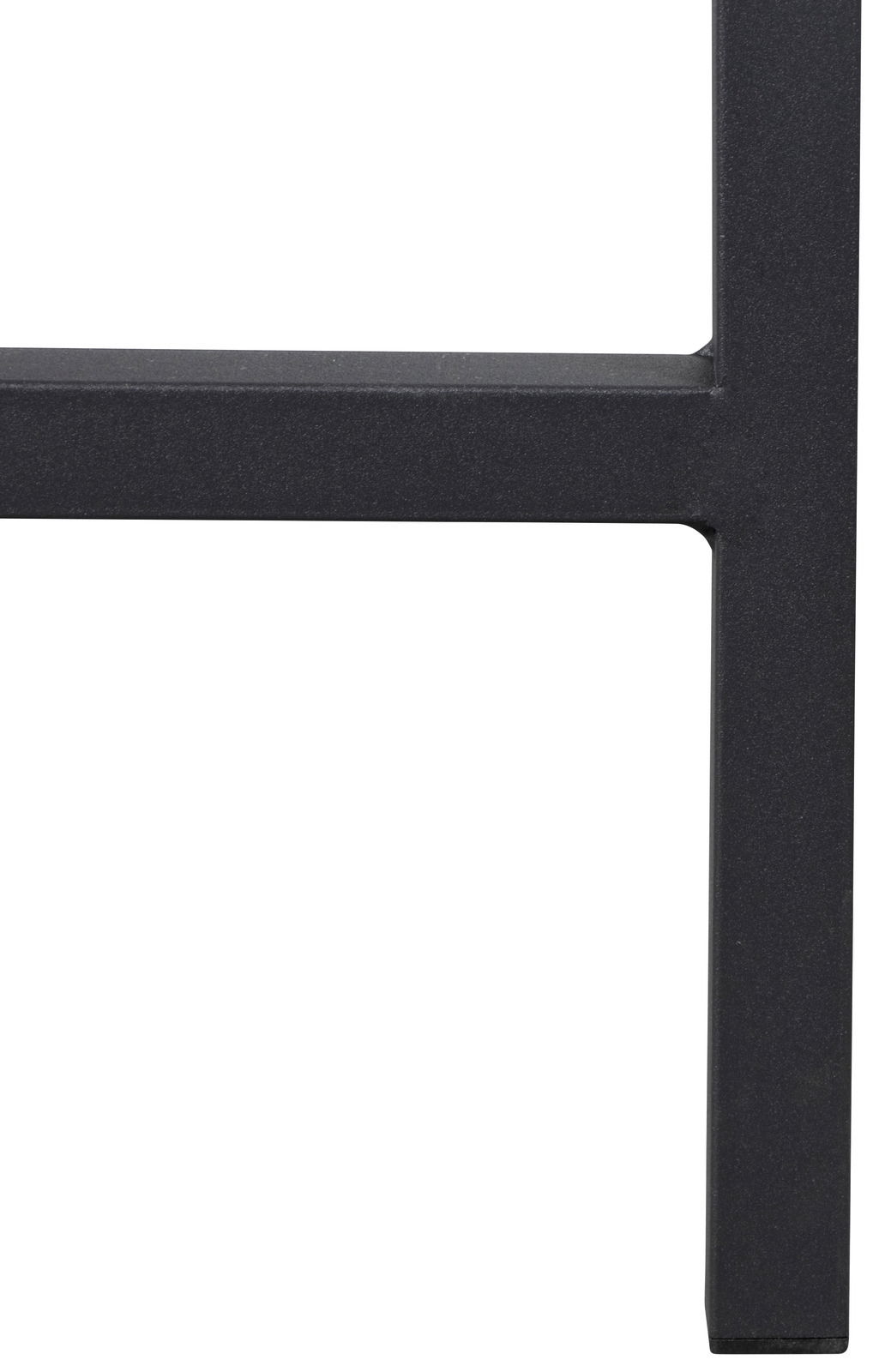 Nahaufnahme eines schwarzen Tischbeins aus Metall, seitliche Perspektive