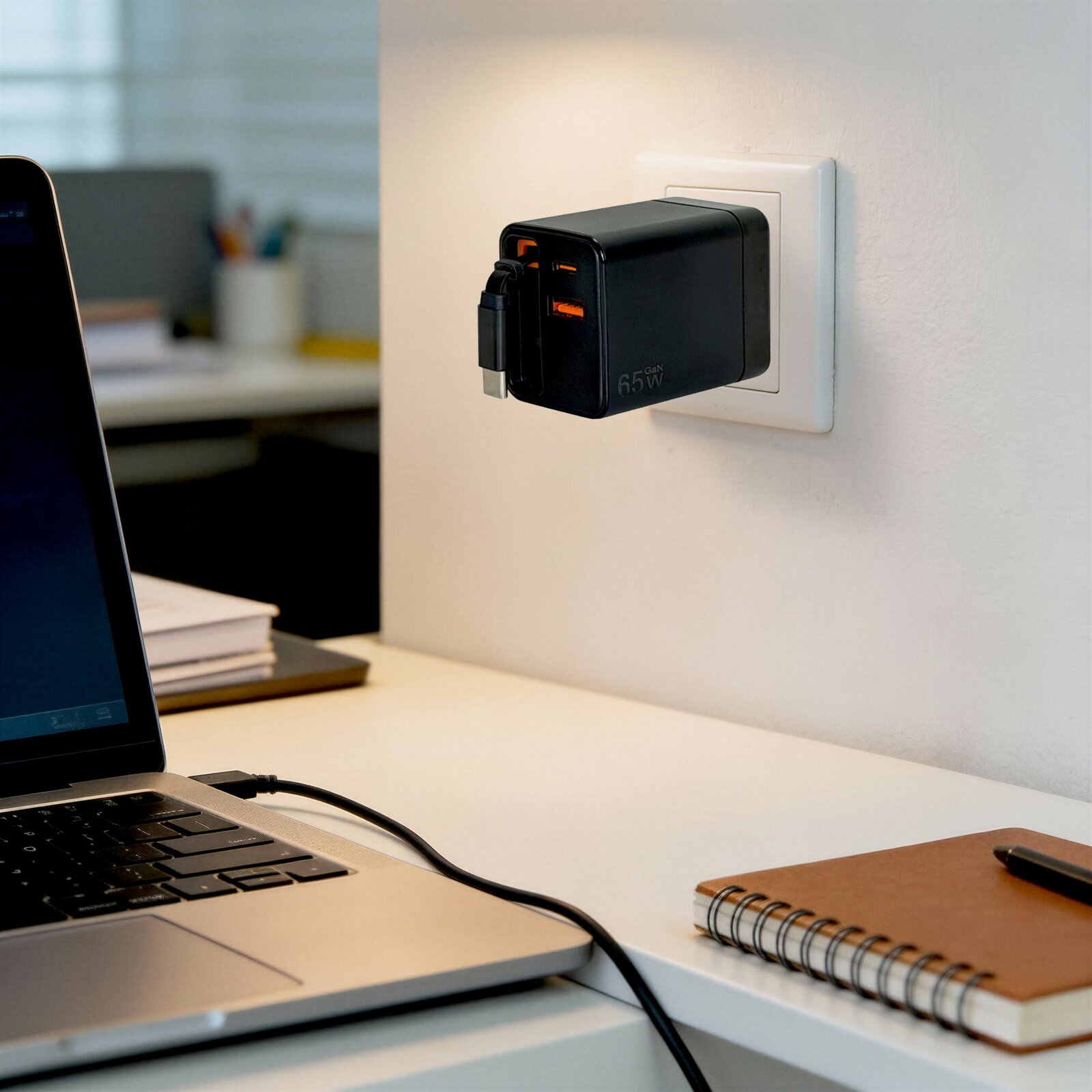 Schwarzes GaN-USB-Ladegerät (65 W) mit mehreren Anschlüssen in einer weißen Wandsteckdose, seitliche Nahaufnahme aus leicht schräger Frontperspektive am Schreibtisch neben Laptop und Notizbuch