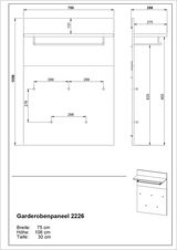 Garderobenpaneel 2226 mit einer Breite von 75 cm, Höhe von 106 cm und Tiefe von 30 cm, dargestellt in einer technischen Zeichnung mit Vorder- und Seitenansicht.