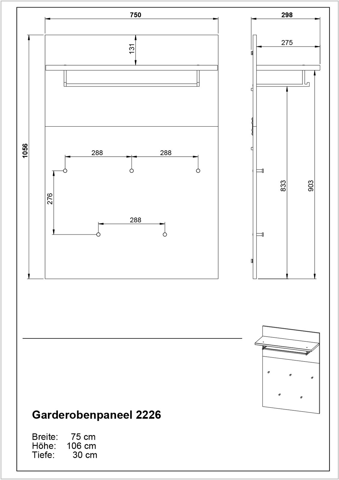 Garderobenpaneel 2226 mit einer Breite von 75 cm, Höhe von 106 cm und Tiefe von 30 cm, dargestellt in einer technischen Zeichnung mit Vorder- und Seitenansicht.