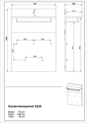 Garderobenpaneel 2226 mit einer Breite von 75 cm, Höhe von 106 cm und Tiefe von 30 cm, dargestellt in einer technischen Zeichnung mit Vorder- und Seitenansicht.