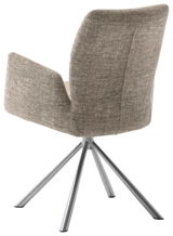 Rückansicht eines modernen Sessels mit grauem Stoffbezug und Metallbeinen.