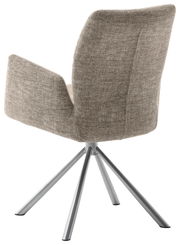 Rückansicht eines modernen Sessels mit grauem Stoffbezug und Metallbeinen.