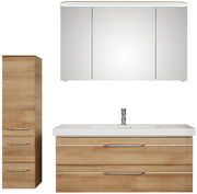 Badezimmermöbel-Set mit Spiegelschrank, Waschbeckenunterschrank und Hochschrank in Holzoptik, frontale Ansicht