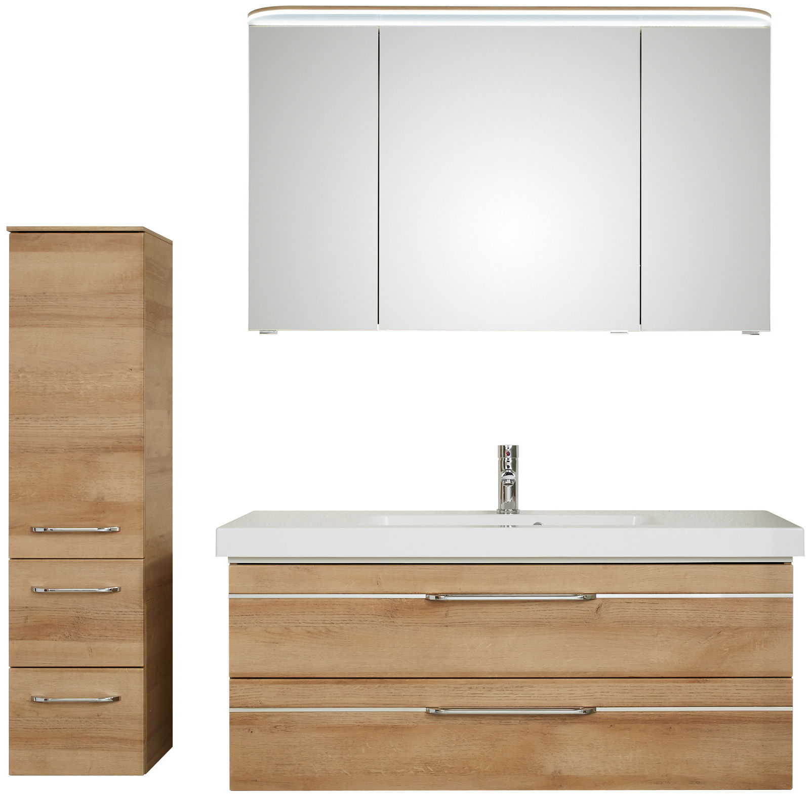 Badezimmermöbel-Set mit Spiegelschrank, Waschbeckenunterschrank und Hochschrank in Holzoptik, frontale Ansicht