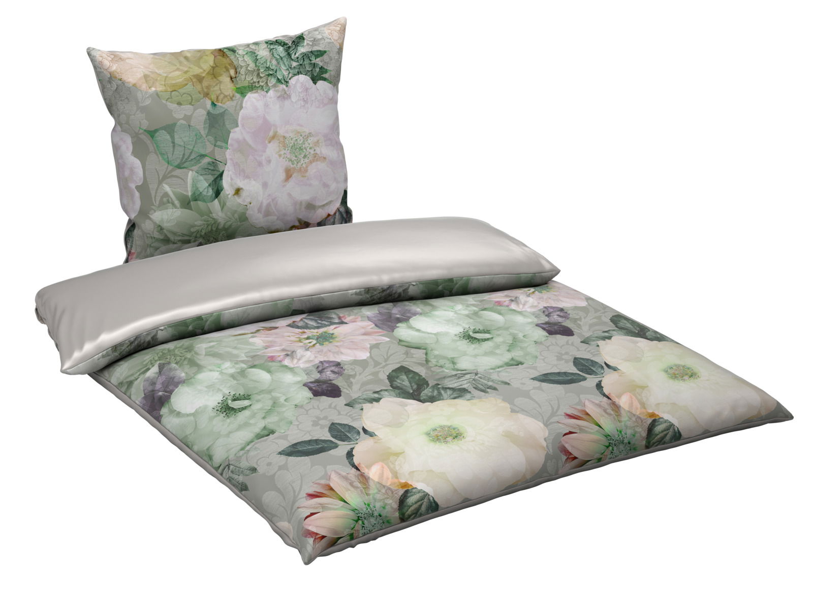Wendebettwäsche mit floralem Muster in Pastellfarben, Ansicht von schräg oben