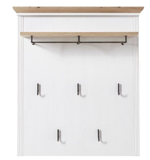 Garderobenpaneel mit fünf Haken und einem Regalbrett aus Holz, Frontalansicht