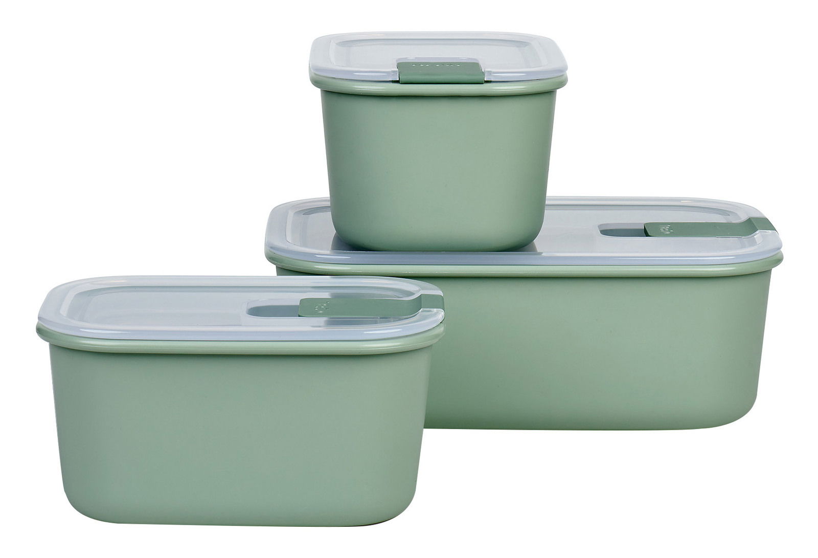 Mepal Frischhaltedosen-Set 3-tlg. EASYCLIP Drei grüne Aufbewahrungsboxen in verschiedenen Größen mit transparenten Deckeln, perspektivisch von vorne fotografiert.