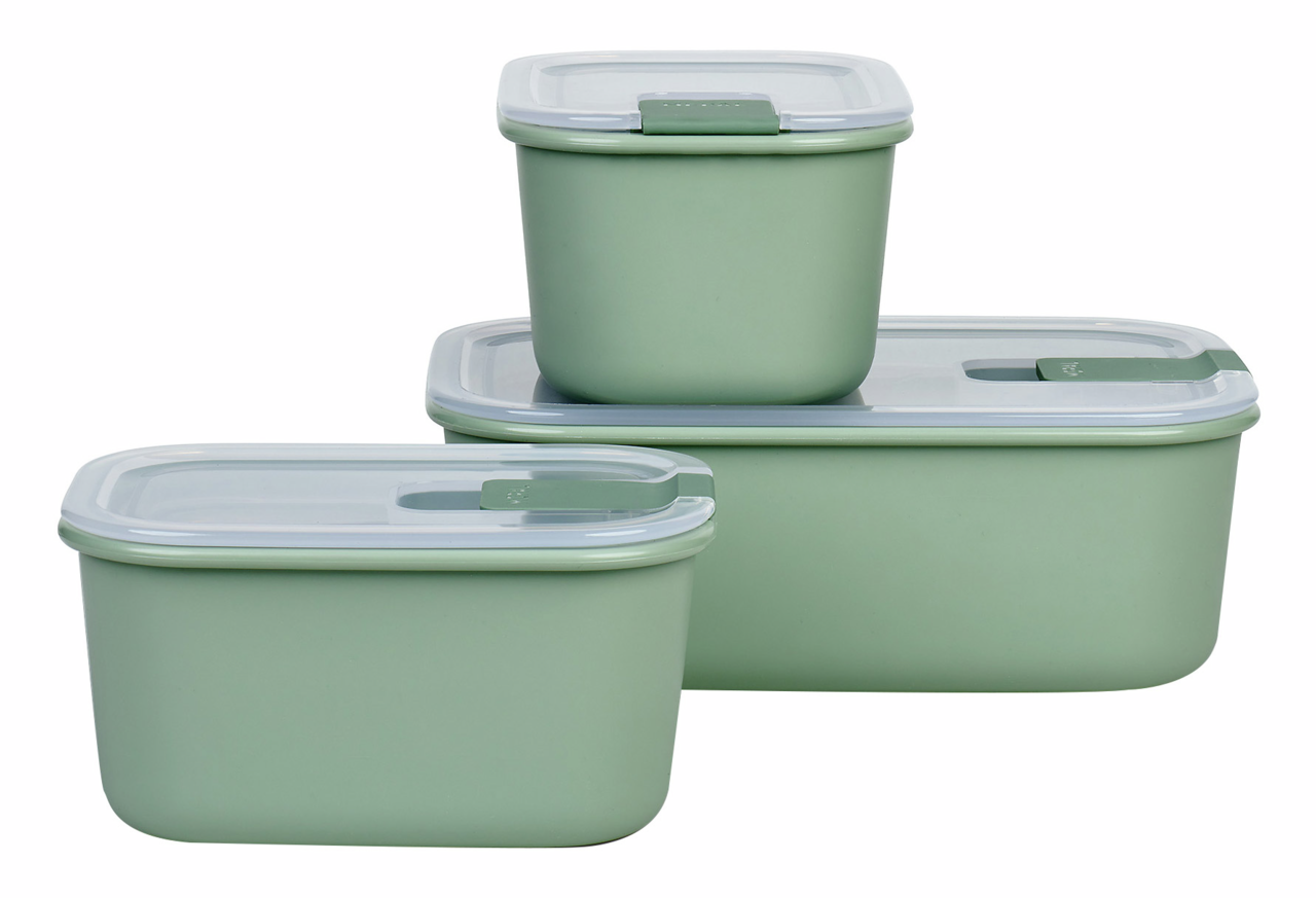 Mepal Frischhaltedosen-Set 3-tlg. EASYCLIP Drei grüne Aufbewahrungsboxen in verschiedenen Größen mit transparenten Deckeln, perspektivisch von vorne fotografiert.