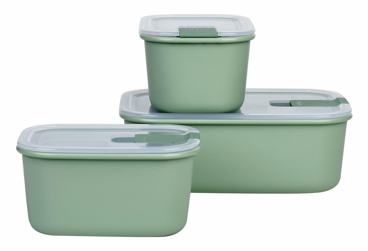 Mepal Frischhaltedosen-Set 3-tlg. EASYCLIP Drei grüne Aufbewahrungsboxen in verschiedenen Größen mit transparenten Deckeln, perspektivisch von vorne fotografiert.
