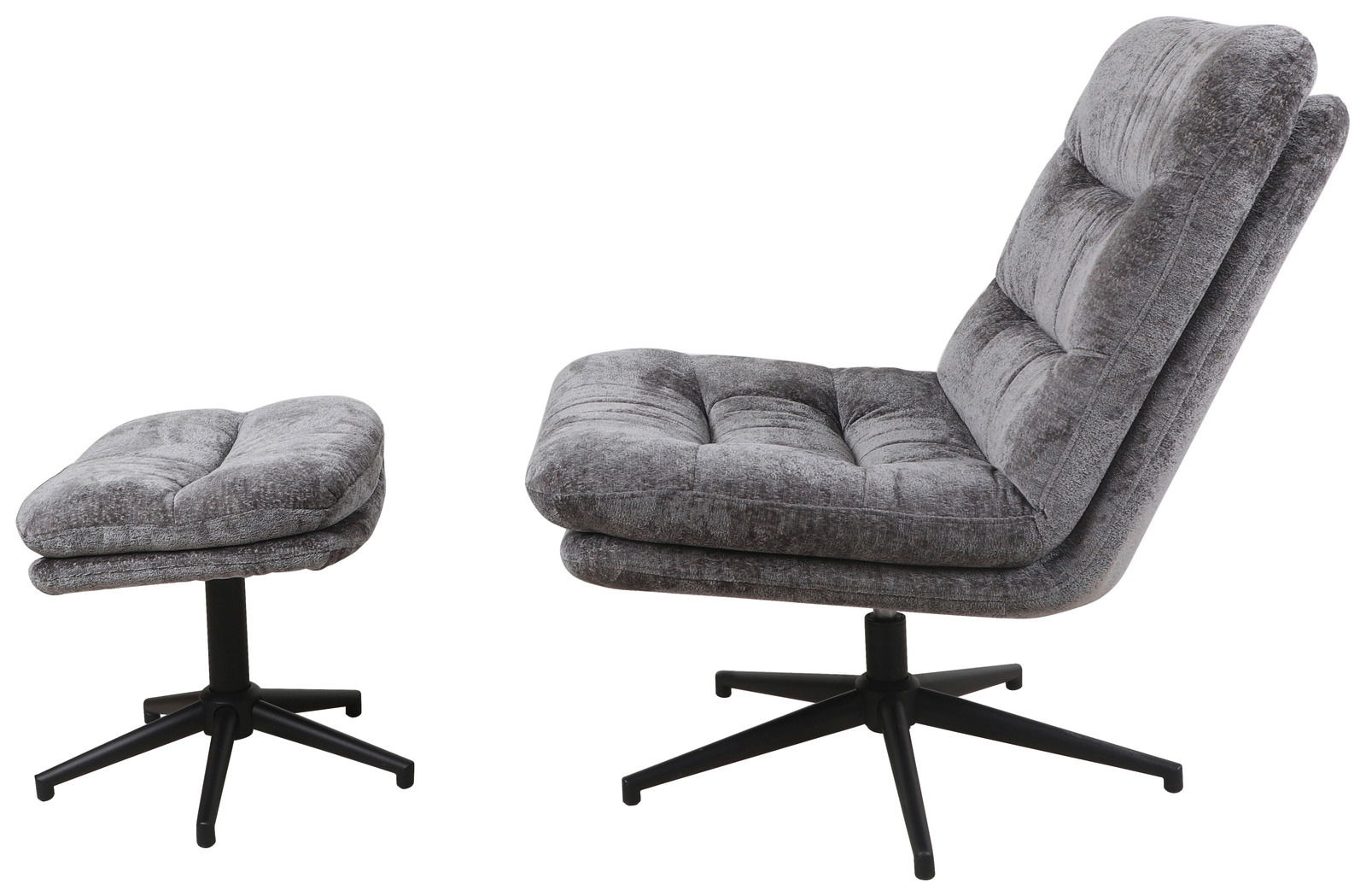 Grauer, drehbarer Sessel mit Hocker, seitliche Perspektive