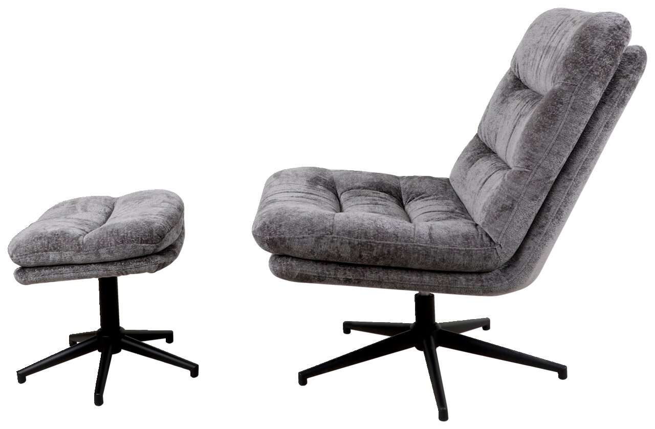 Grauer, drehbarer Sessel mit Hocker, seitliche Perspektive