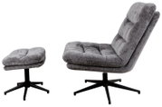 Grauer, drehbarer Sessel mit Hocker, seitliche Perspektive